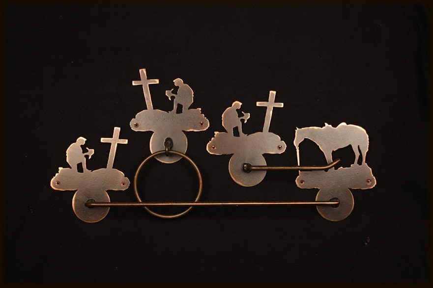 Towel Bar Set Cowboy for Christ Rustic Bath Hardware Christian Cowboy Gift Western Bathroom Tp Holder Towel Ring Rustic Gift