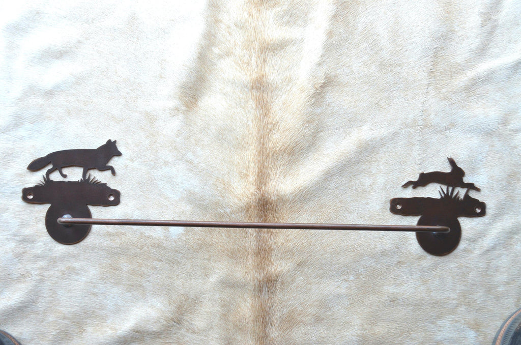 Towel Bar Fox and Rabbit Rustic Bath Towel Bar Handmade Metal Bath Decor Fox Bunny Gift Lakehouse bath gift Lodge Decor