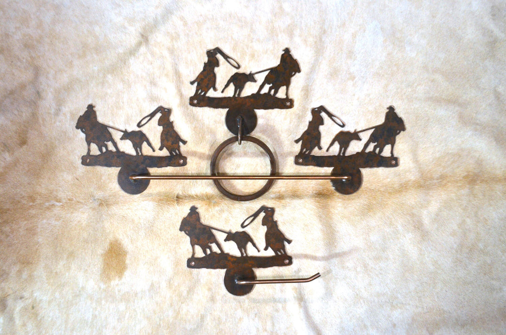 Towel Bar Set Team Roping Cowboy Bathroom Hardware Rustic Cowboy Metal Decor Towel Hook Towel Ring TP Holder Rodeo Bath Gift Cowboy Decor
