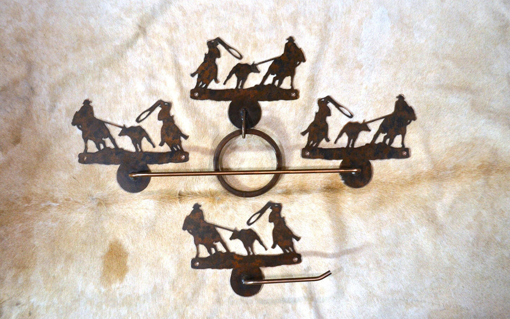 Towel Bar Set Team Roping Cowboy Bathroom Hardware Rustic Cowboy Metal Decor Towel Hook Towel Ring TP Holder Rodeo Bath Gift Cowboy Decor