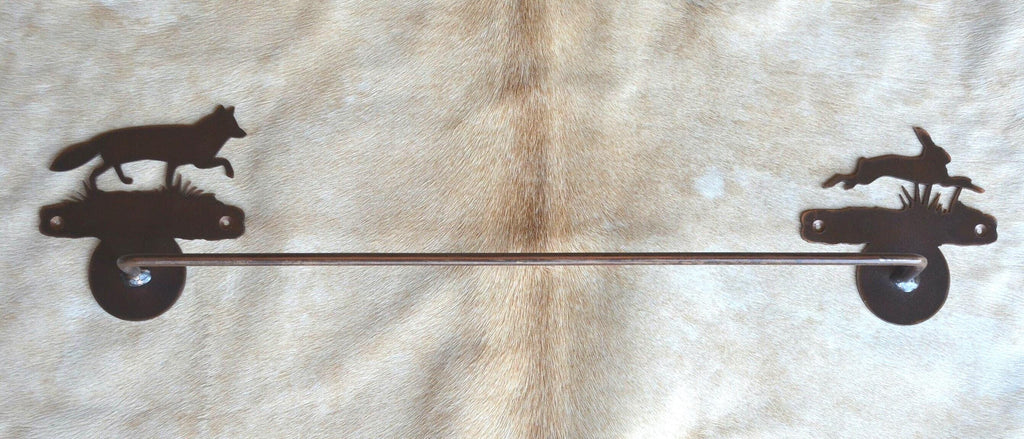 Towel Bar Fox and Rabbit Rustic Bath Towel Bar Handmade Metal Bath Decor Fox Bunny Gift Lakehouse bath gift Lodge Decor