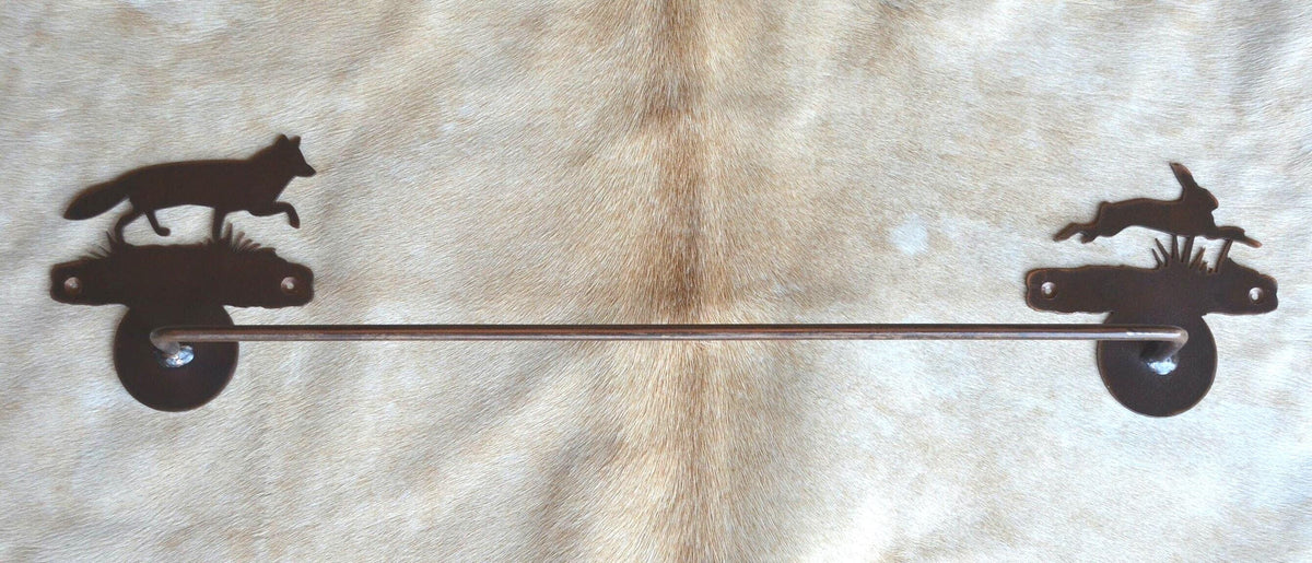 Towel Bar Fox and Rabbit Rustic Bath Towel Bar Handmade Metal Bath Decor Fox Bunny Gift Lakehouse bath gift Lodge Decor