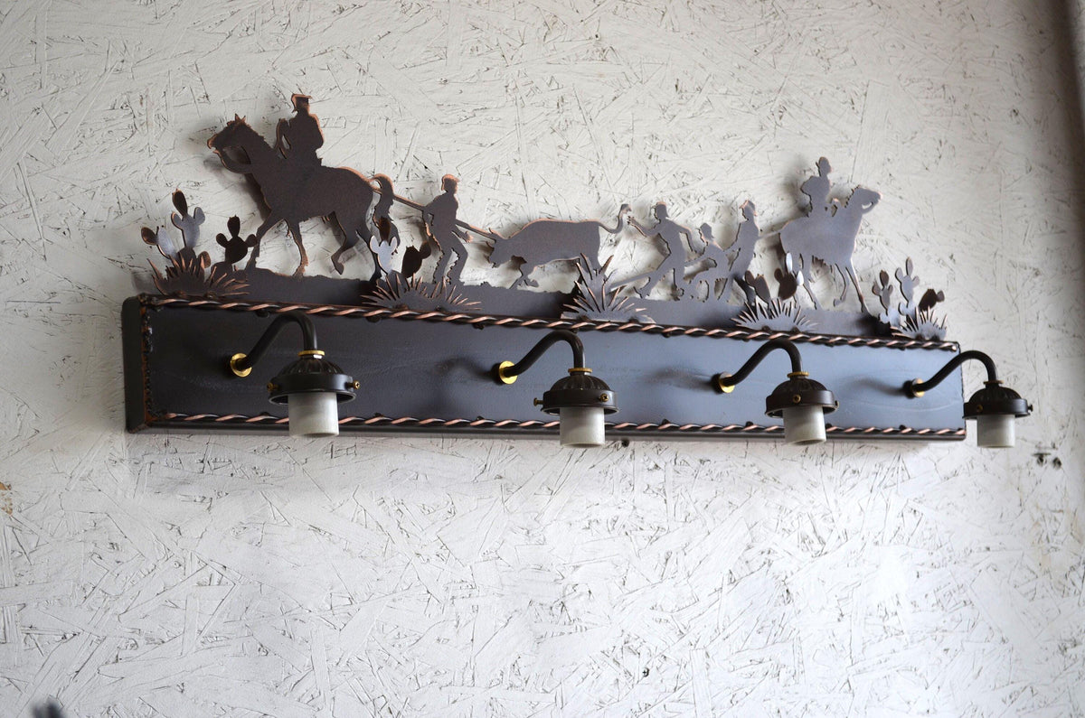 Rustic Bathroom Vanity Light with Cowboy Branding Scene