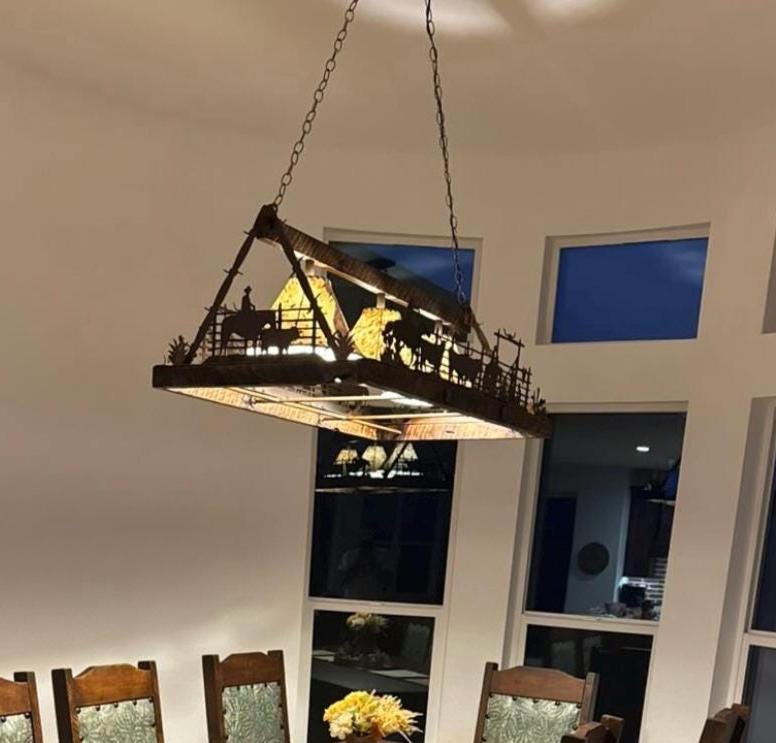 Chandelier Corral Rectangle Light Rustic Western Pendant Sheepskin Shades Handmade Cowboy Chandelier Cattle Farm Light