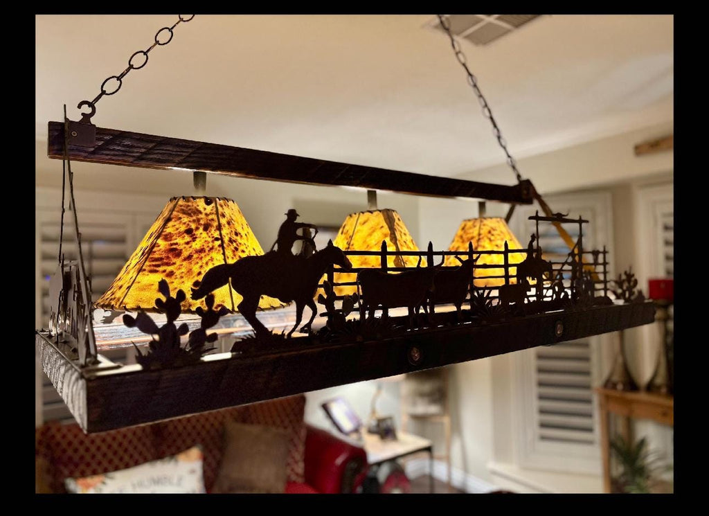 Chandelier Corral Rectangle Light Rustic Western Pendant Sheepskin Shades Handmade Cowboy Chandelier Cattle Farm Light