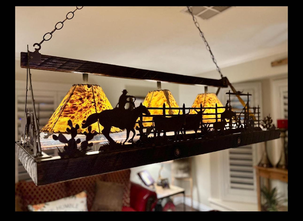 Chandelier Corral Rectangle Light Rustic Western Pendant Sheepskin Shades Handmade Cowboy Chandelier Cattle Farm Light