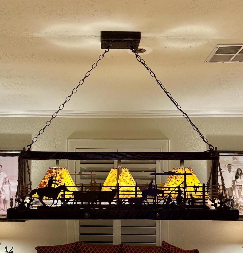Western Chandelier Handmade with Reclaimed Barn Wood, Sheepskin Shades, Corral Scene Handmade in the USA. Rectangle Cowboy Chandelier
