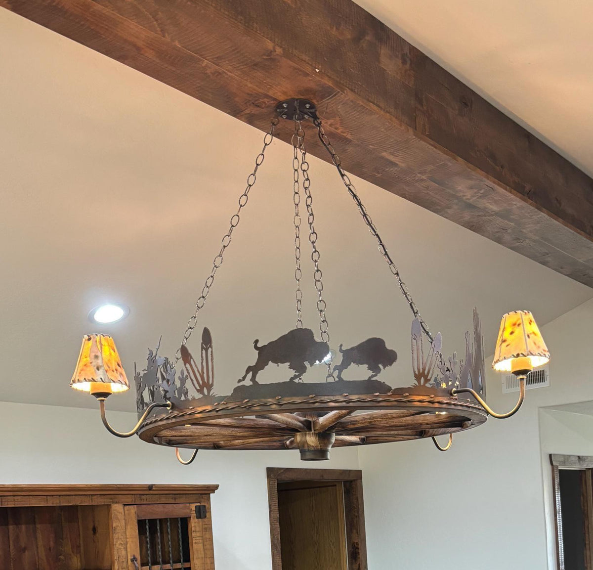 Buffalo Hunt Handmade Wagon Wheel Chandelier